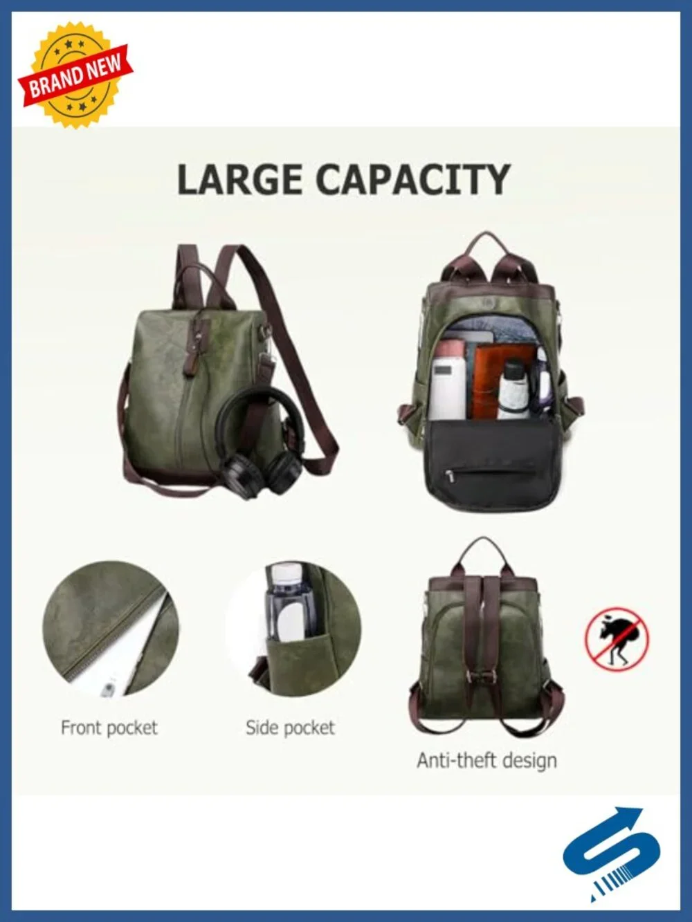 Women's Convertible Anti-Theft Backpack PU Leather Travel Daypack 3-in-1